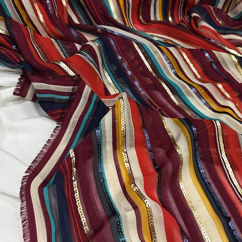 Ethnic Fashion Design - ผ้าปักลายทางหลากสีประดับเลื่อม สไตล์ชาติพันธุ์ สำหรับตัดเย็บเสื้อผ้าแฟชั่น ผ้าสำหรับงาน DIY