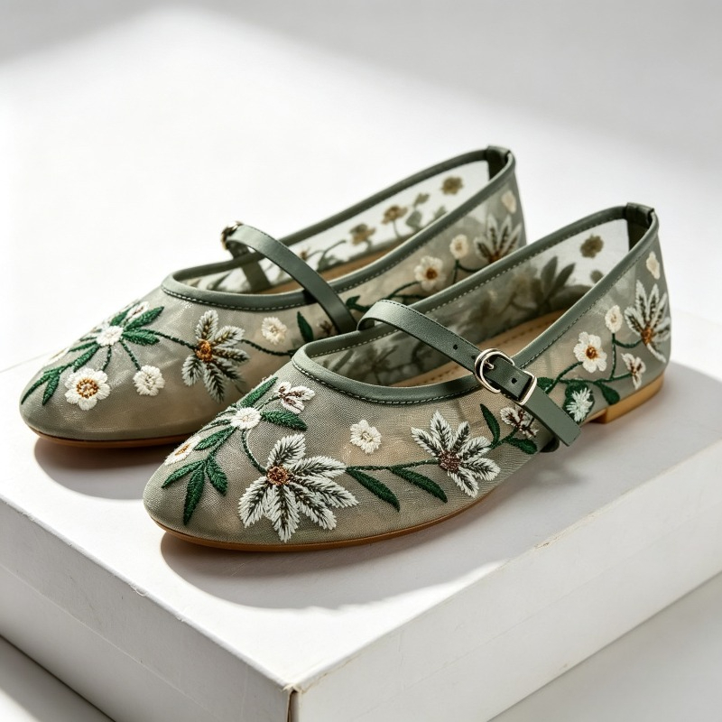 Ethnic Fashion Design - ตาข่ายปัก Leisure Ballet Flats ผู้หญิง Breathable