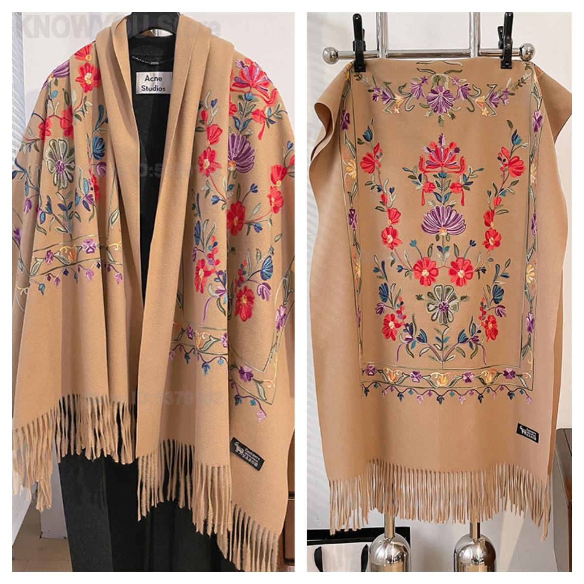 Go Ethnic Fashion - ผ้าคลุมไหล่ลายดอกไม้ปักลายสไตล์เรโทรสำหรับผู้หญิง ผ้าคลุมไหล่สองด้านทำจากผ้าแคชเมียร์เทียม หนานุ่ม อุ่นสบาย สไตล์ชาติพันธุ์ ใช้ได้หลากหลายสำหรับฤดูหนาว
