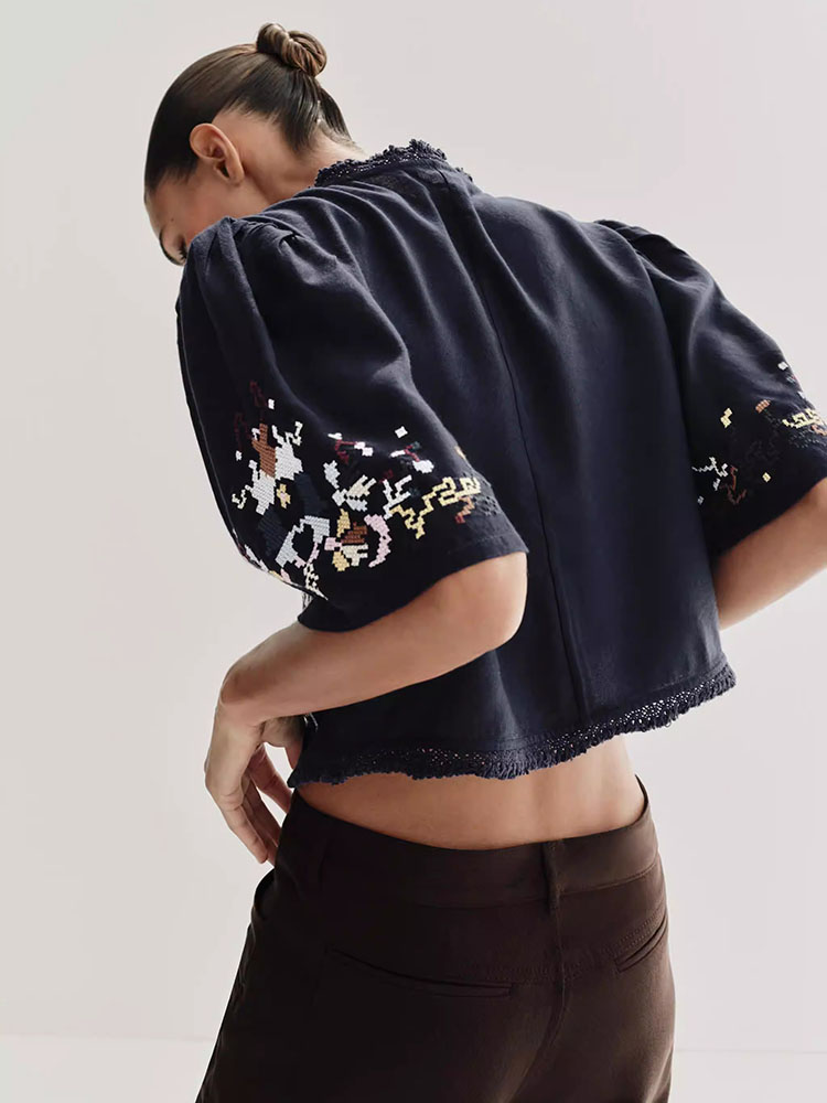 เสื้อผู้หญิงแขนสั้นทรงหลวม คอว - Ethnic Fashion Design บทวิจารณ์และราคา
