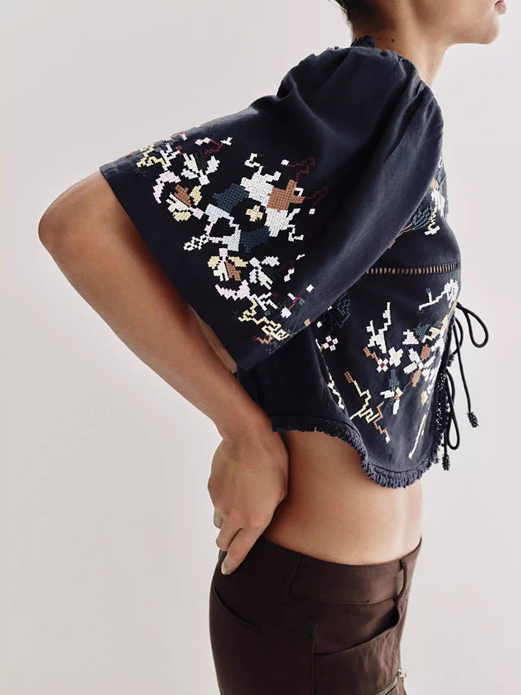 เสื้อผู้หญิงแขนสั้นทรงหลวม คอว - Ethnic Fashion Design บทวิจารณ์และราคา